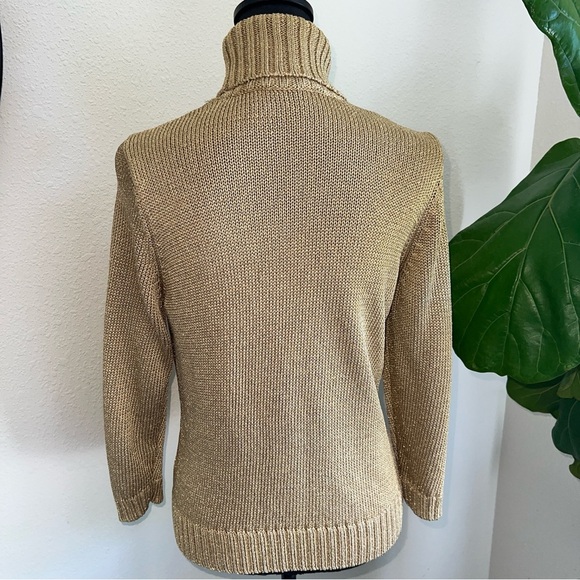 Ralph Lauren Petite Women’s Gold Metallic Fiber Turtleneck 3/4 Sleeve Sweater L - Picture 4 of 13